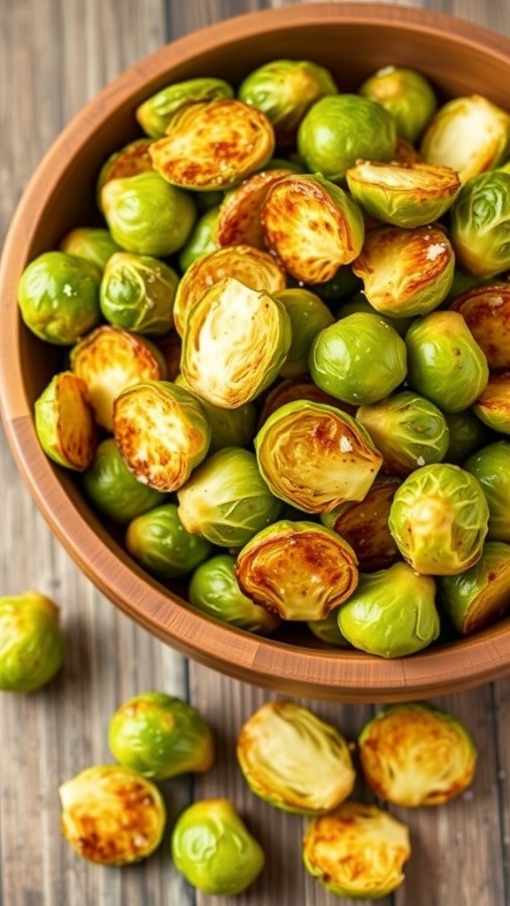 Air Fryer Brussels Sprouts Cooking Time Crispy air-fried Brussels sprouts in a wooden bowl, garnished with salt and pepper.